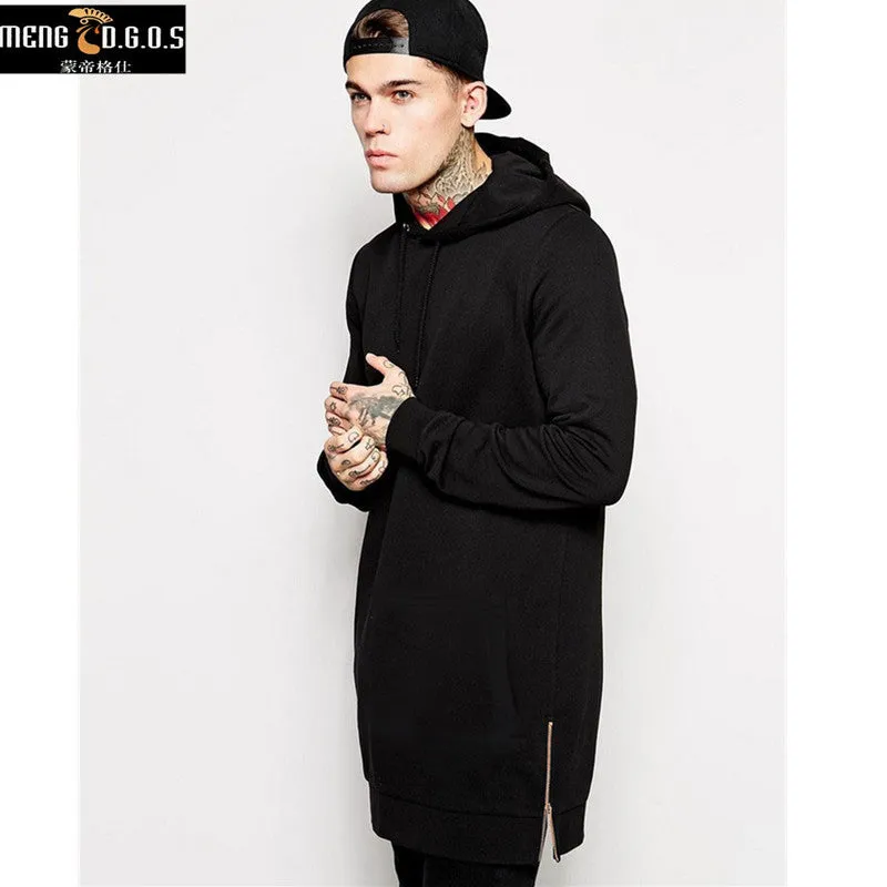 New Arrival Free Shipping Fashion Men's Long Black Hoodies Sweatshirts Feece With Side Zip Longline Hip Hop Streetwear Shirt