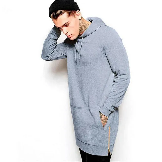 New Arrival Free Shipping Fashion Men's Long Black Hoodies Sweatshirts Feece With Side Zip Longline Hip Hop Streetwear Shirt