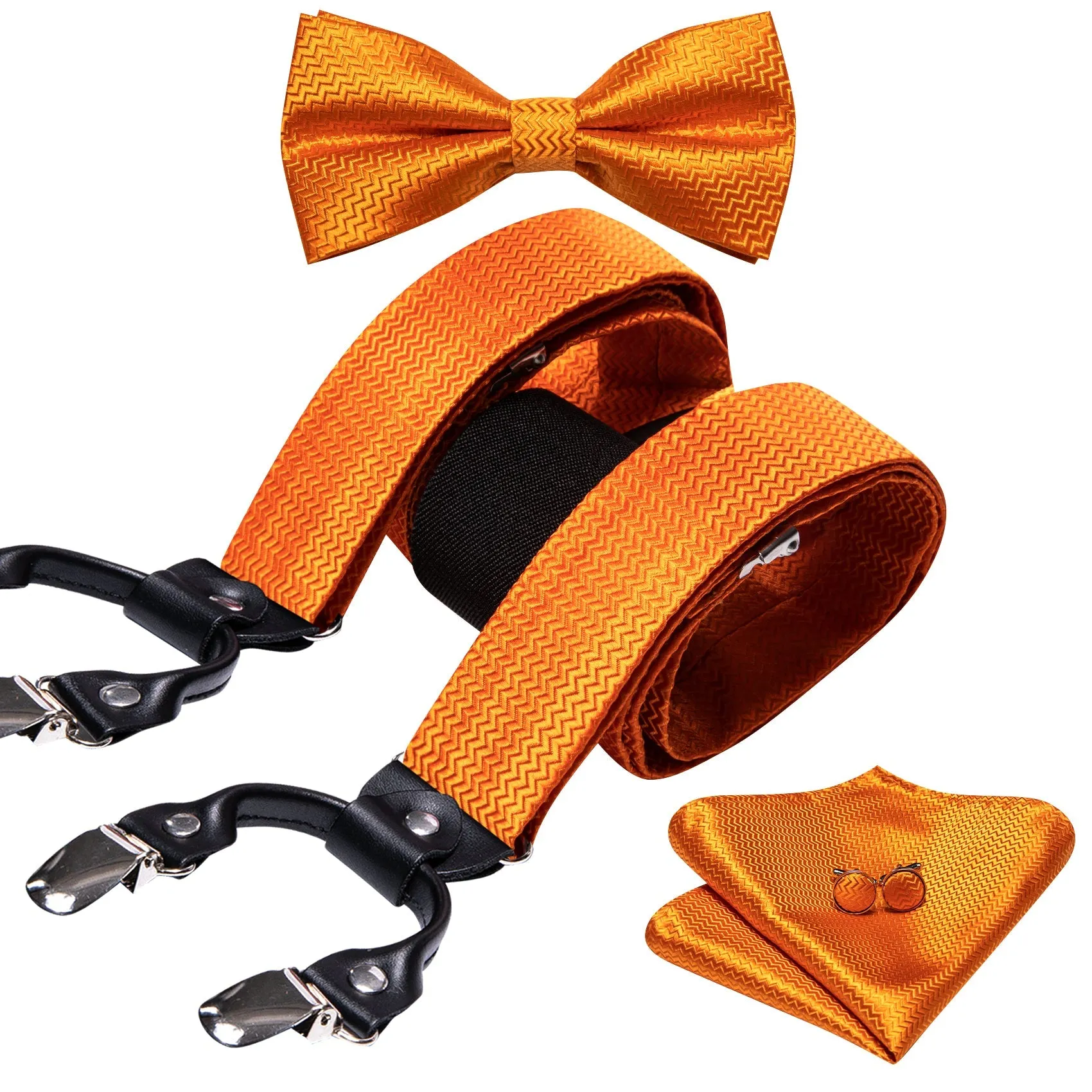 Orange Novelty Woven Y Back Brace Clip-on Men's Suspender with Bow Tie Set