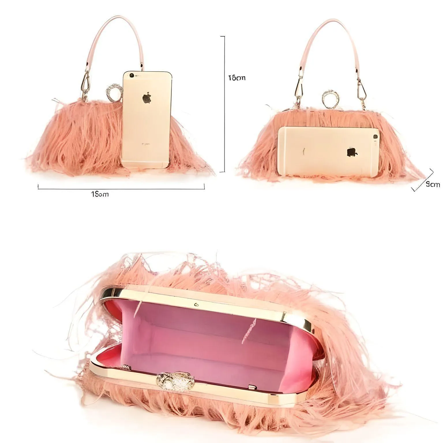 Ostrich Feather Clutch With Removable Shoulder Strap & Satin Interior