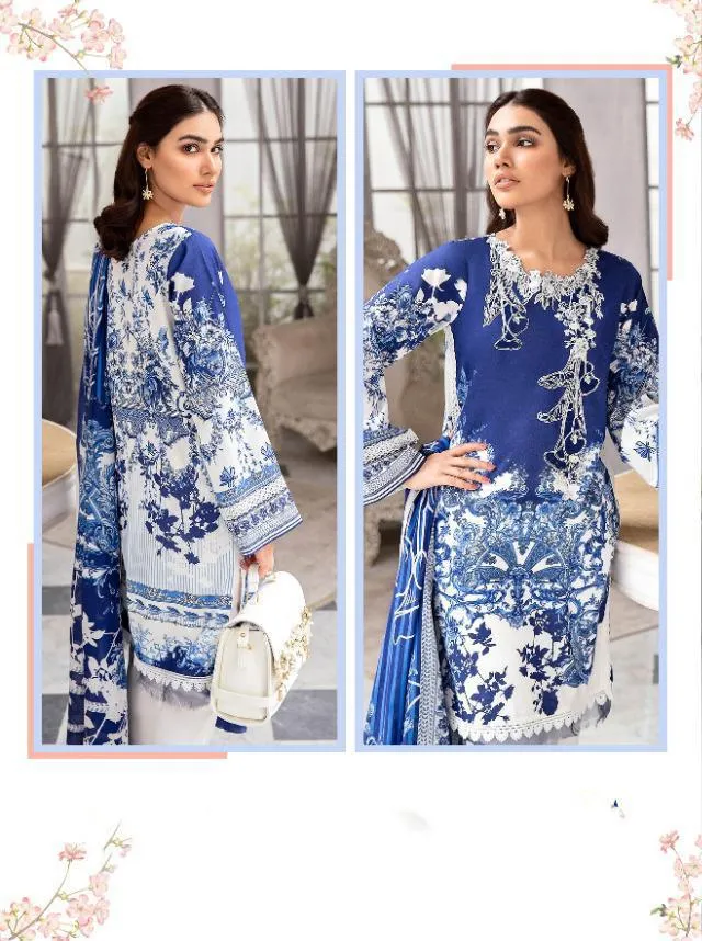 Pakistani Blue Cotton Suit Material for women with Chiffon Dupatta