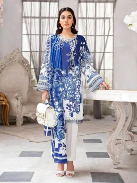 Pakistani Blue Cotton Suit Material for women with Chiffon Dupatta