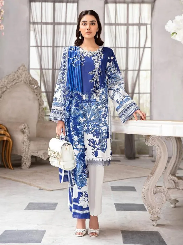 Pakistani Blue Cotton Suit Material for women with Chiffon Dupatta