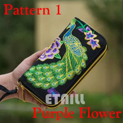 Peacock Thailand Boho Embroidered Purse Female Clutch Long Wallet Coin Bag Lady Mobile Phone Bag Luxury Brand Wallet Woman 2016