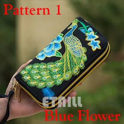 Peacock Thailand Boho Embroidered Purse Female Clutch Long Wallet Coin Bag Lady Mobile Phone Bag Luxury Brand Wallet Woman 2016