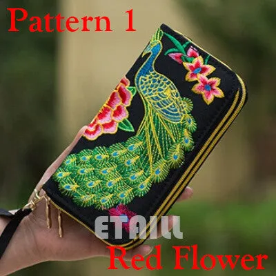 Peacock Thailand Boho Embroidered Purse Female Clutch Long Wallet Coin Bag Lady Mobile Phone Bag Luxury Brand Wallet Woman 2016