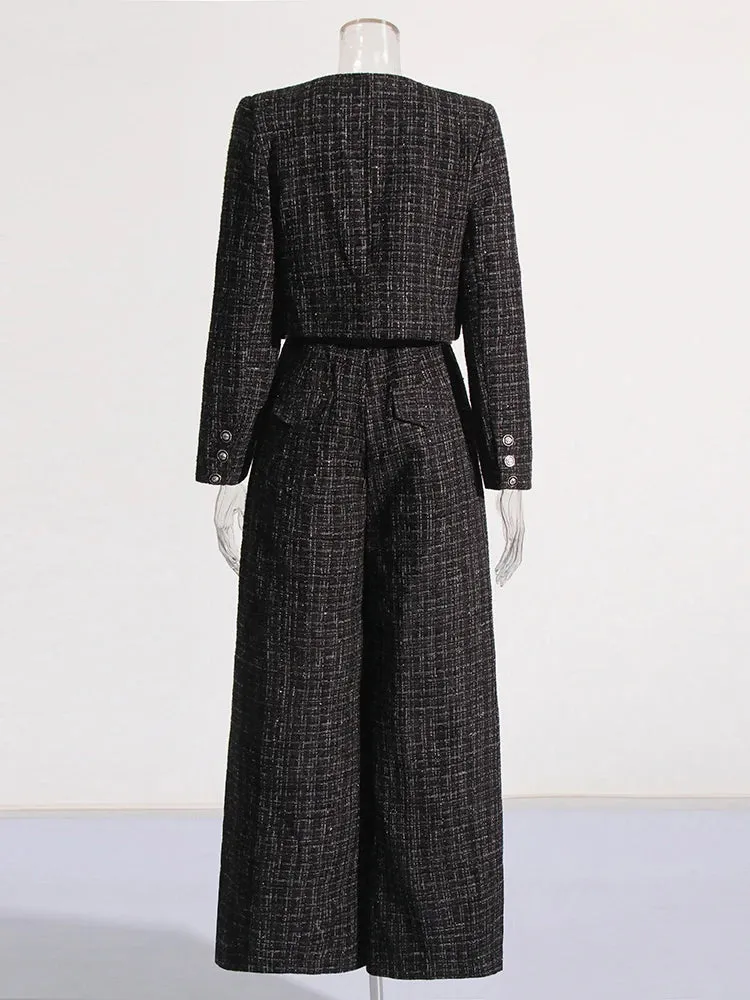 Plaid V-Neck Coat and Wide Leg Jumpsuit Set