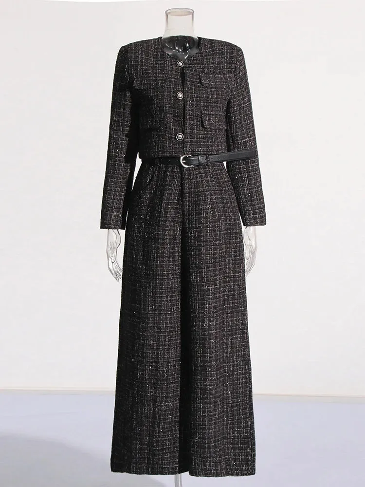 Plaid V-Neck Coat and Wide Leg Jumpsuit Set