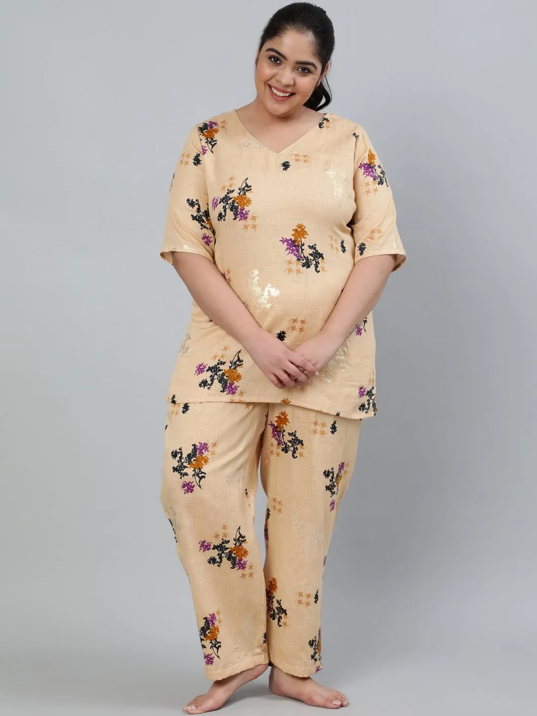 Plus Size Women Cream Floral Printed Night Suit With Half Sleeves