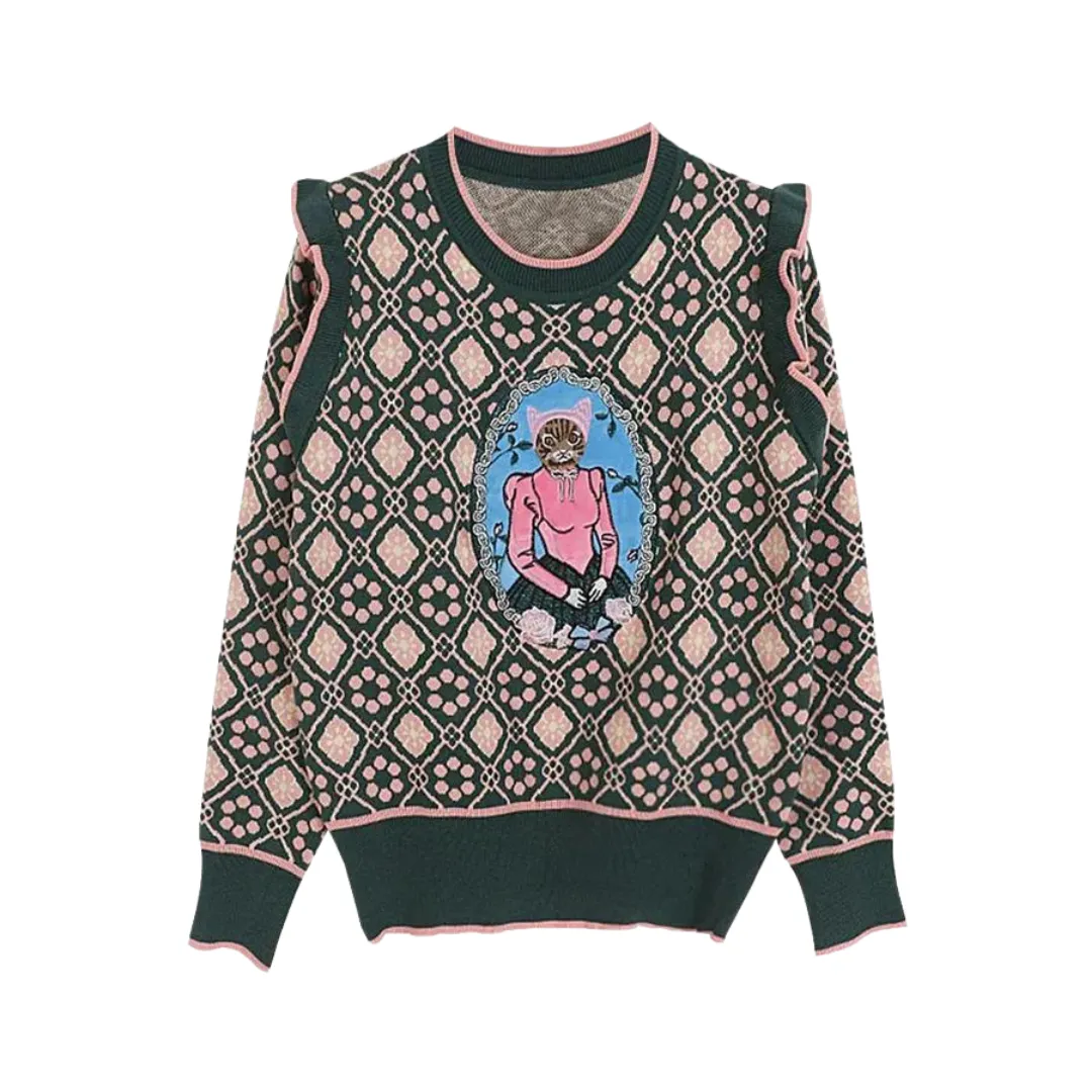 Pre Order:  Cat Embroidery Plaid Long Sleeve Knitted Sweater