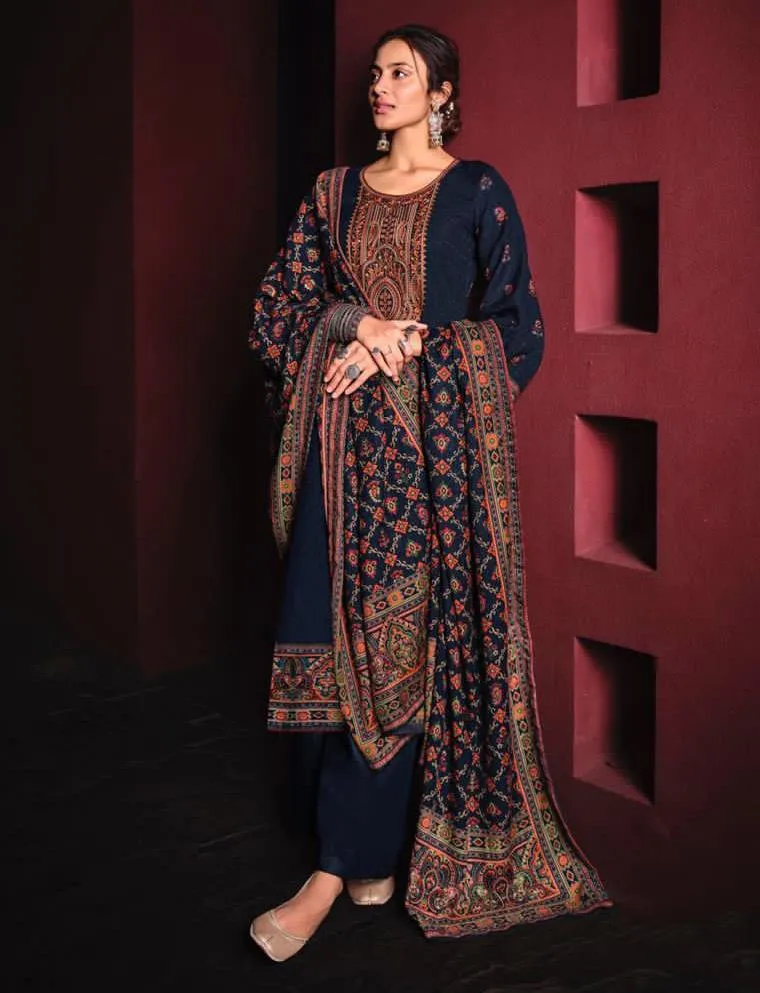 Pure Pashmina Dark Blue Winter Unstitched Suits With shawl