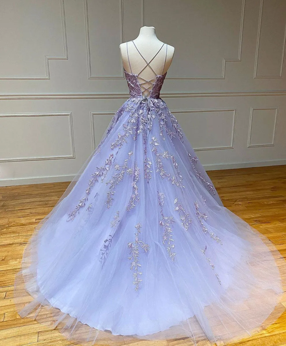 Purple Tulle Lace Long Prom Gown, Lace Tulle Purple Graduation Dresses