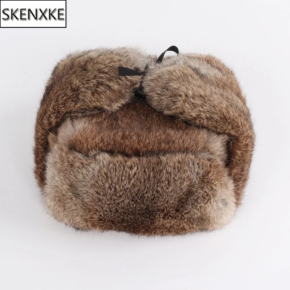 Rabbit Fur Trapper Hats For Men Thick Male Winter Real Rabbit Fur Hat Full Pelt Outdoor Bomber Real Fur Cap