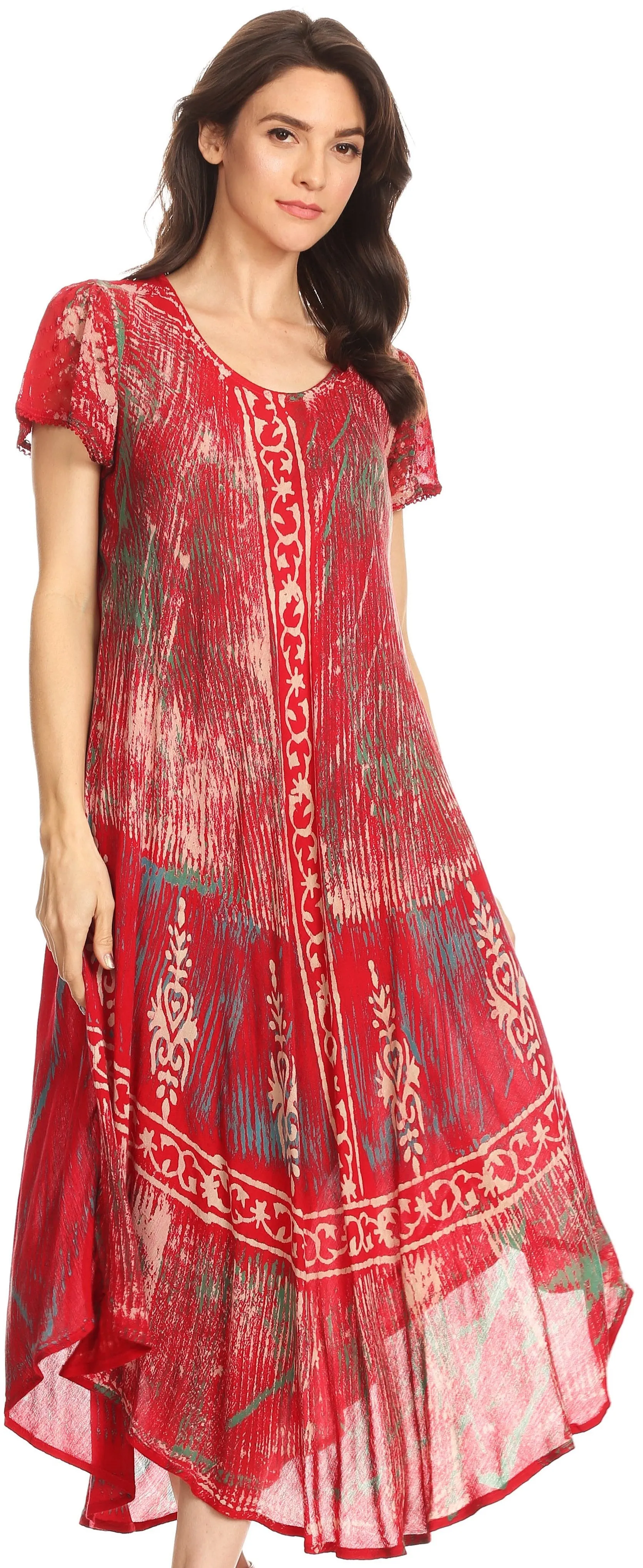 Sakkas Talia Ethnic Print Short Sleeve Long Dress/Cover Up