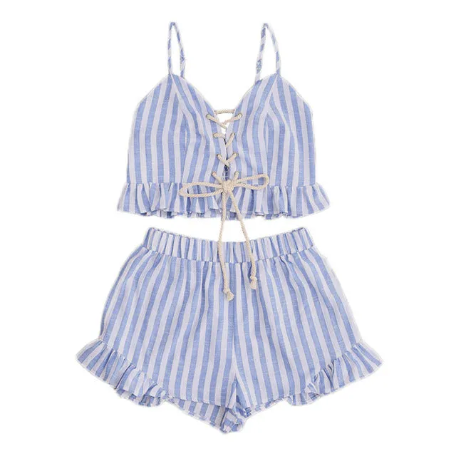 SHEIN 2017 Women Summer Two Piece Set Blue Striped Sleeveless Lace Up Smocked Crop Cami and Ruffle Shorts Co-Ord