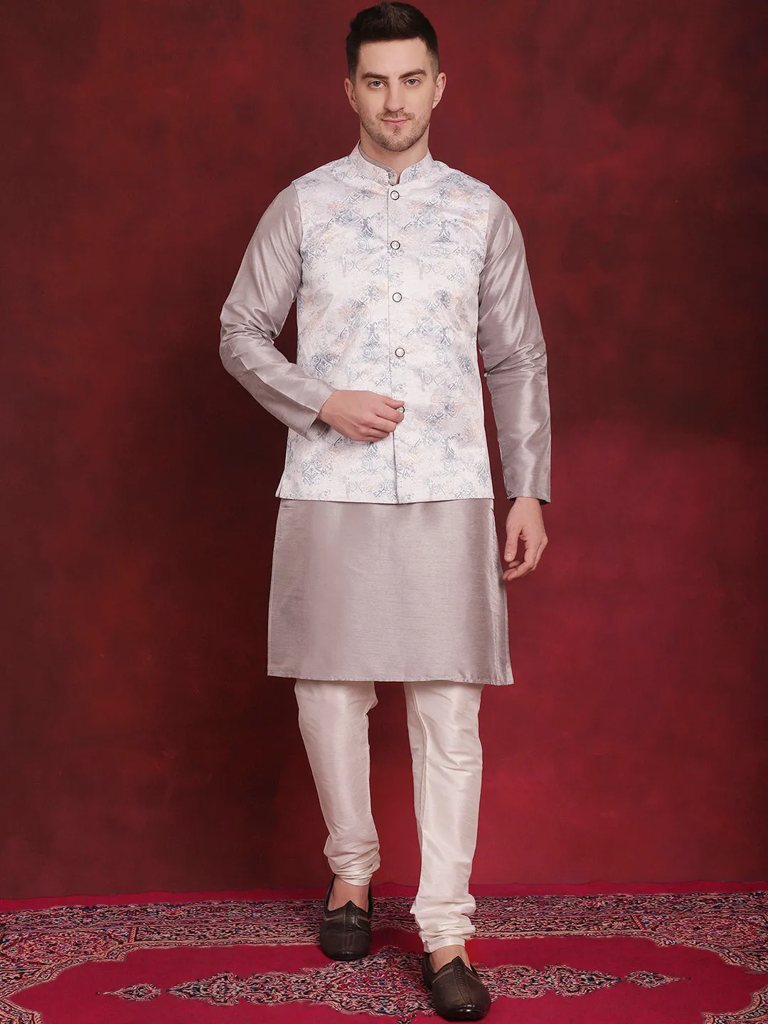 Silver Floral Printed Nehru Jacket With Kurta Pyjama Set