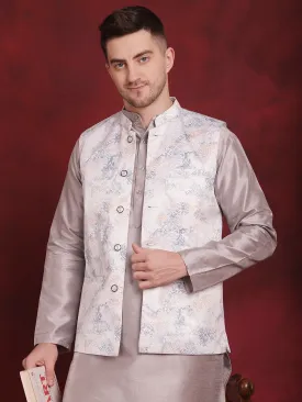 Silver Floral Printed Nehru Jacket With Kurta Pyjama Set