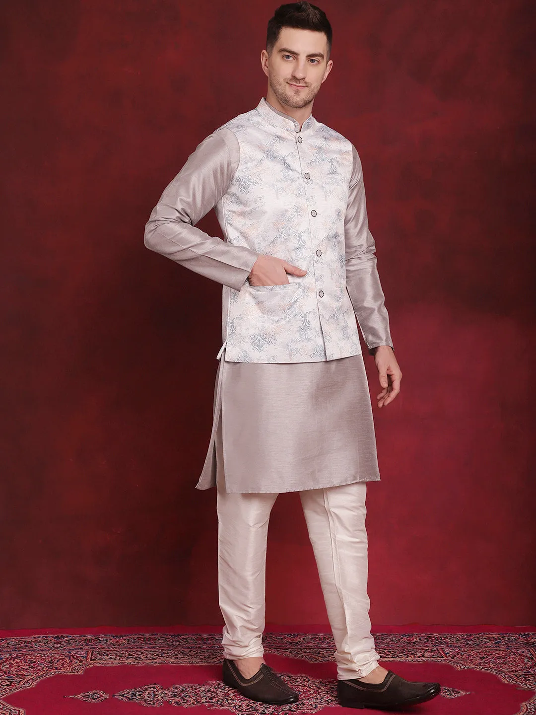 Silver Floral Printed Nehru Jacket With Kurta Pyjama Set