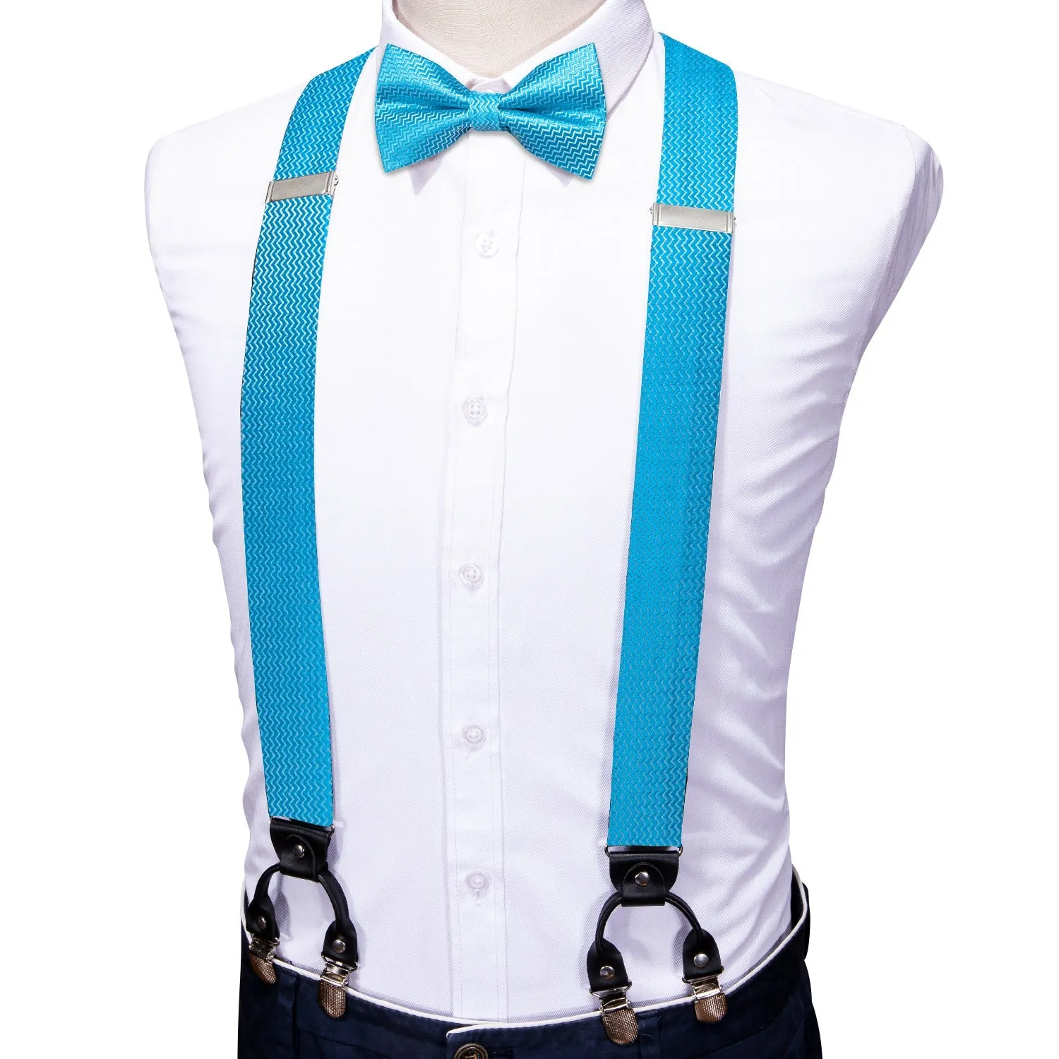 Sky Blue Novelty Y Back Brace Clip-on Men's Suspender with Bow Tie Set