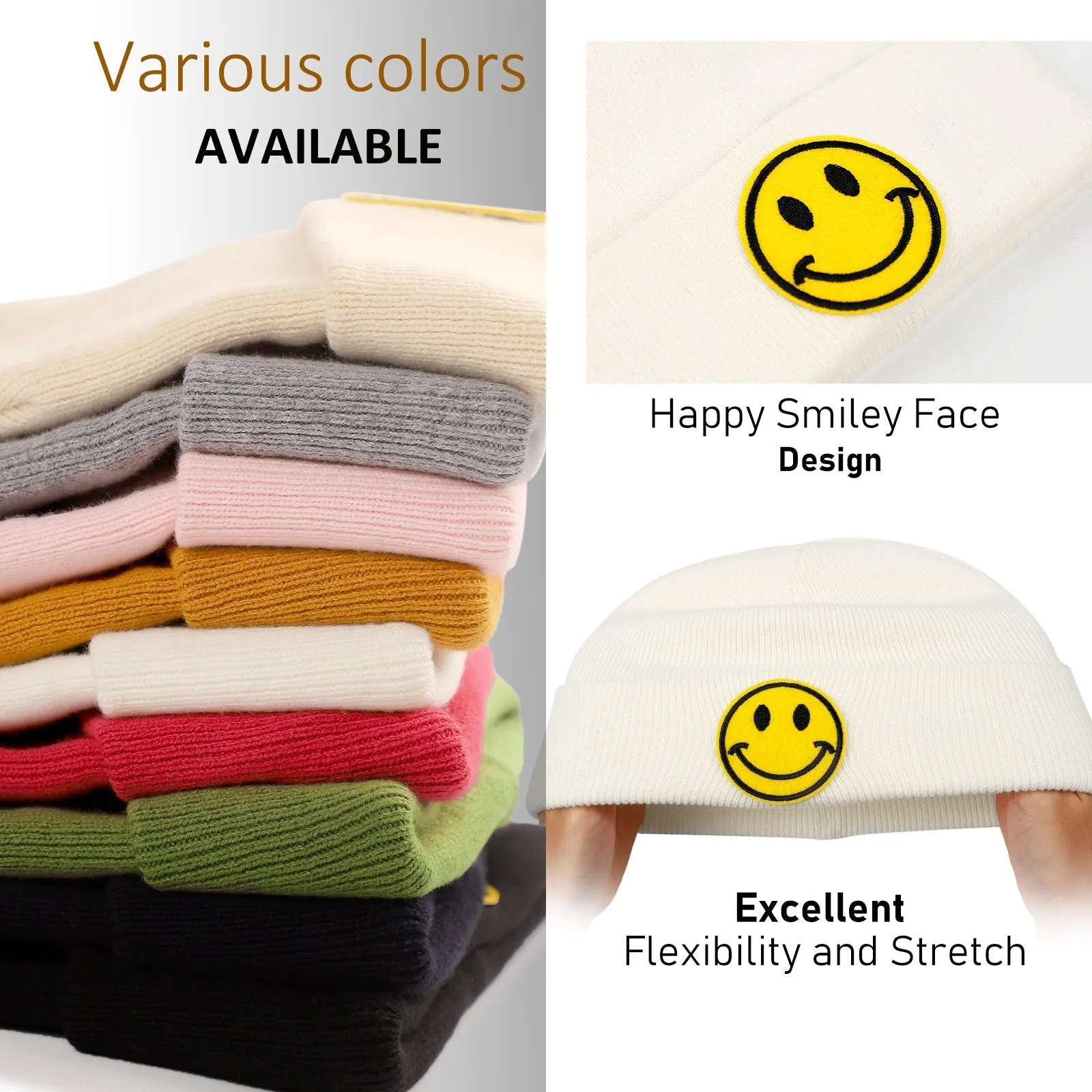 Smiley Face Cuffed Beanie Hats