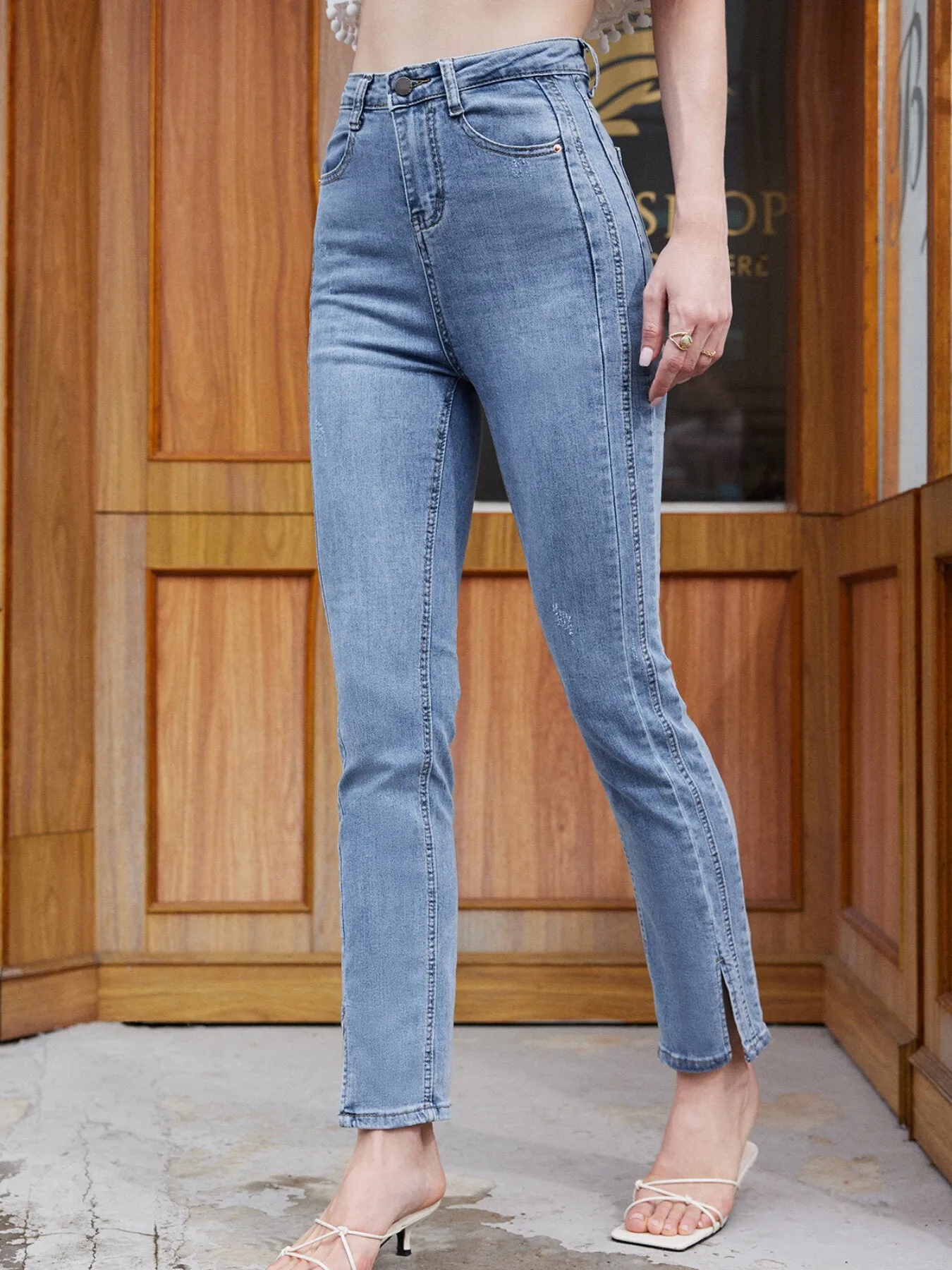 Split Hem Pocket High Waist Skinny Jeans