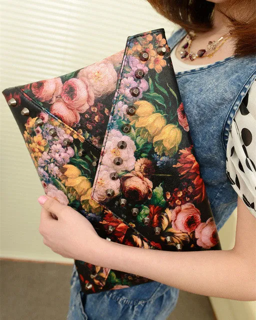 Summer Bag 2017 New Arrival Women Flower Clutches Painting Rivets Bag Leather Hand Bag Fashion Shoulder Bags