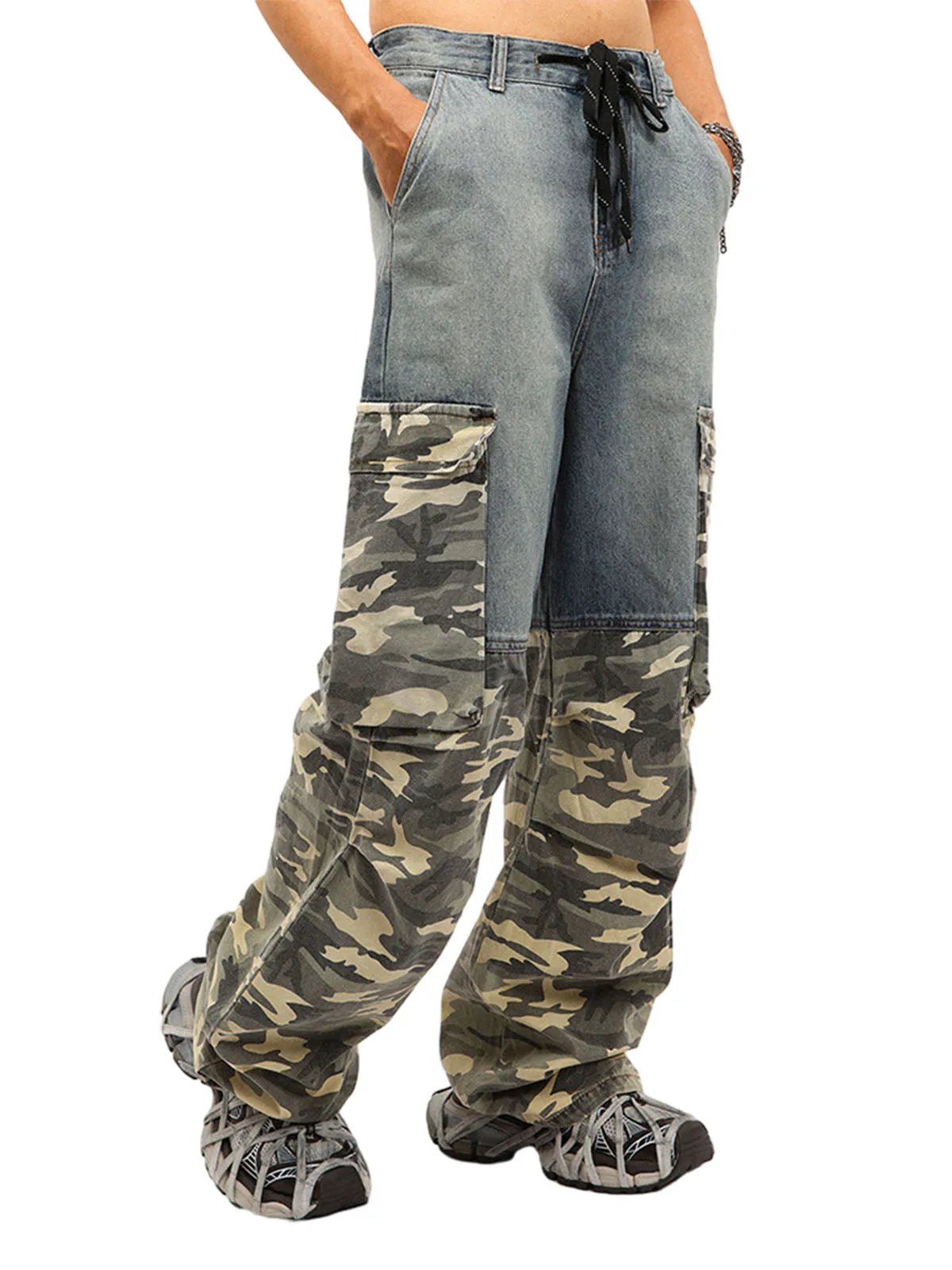 Thesupermade Drawstring Washed Camouflage Cargo Jeans