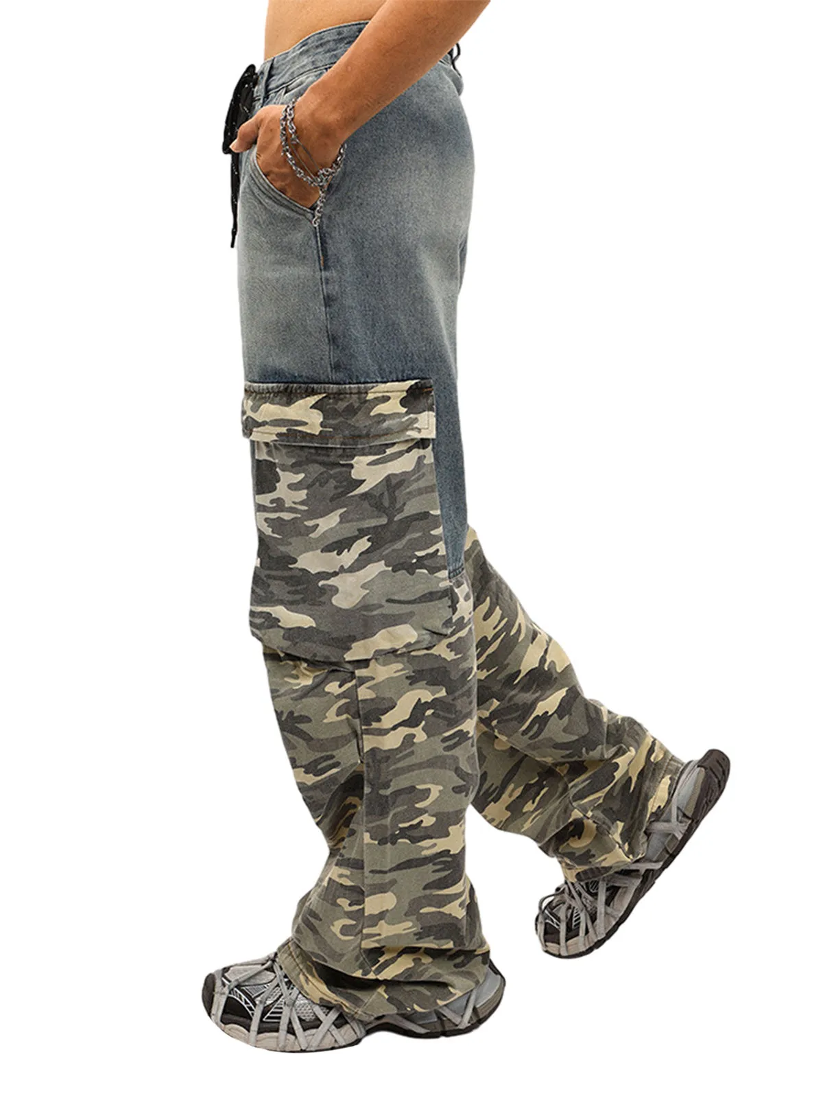 Thesupermade Drawstring Washed Camouflage Cargo Jeans