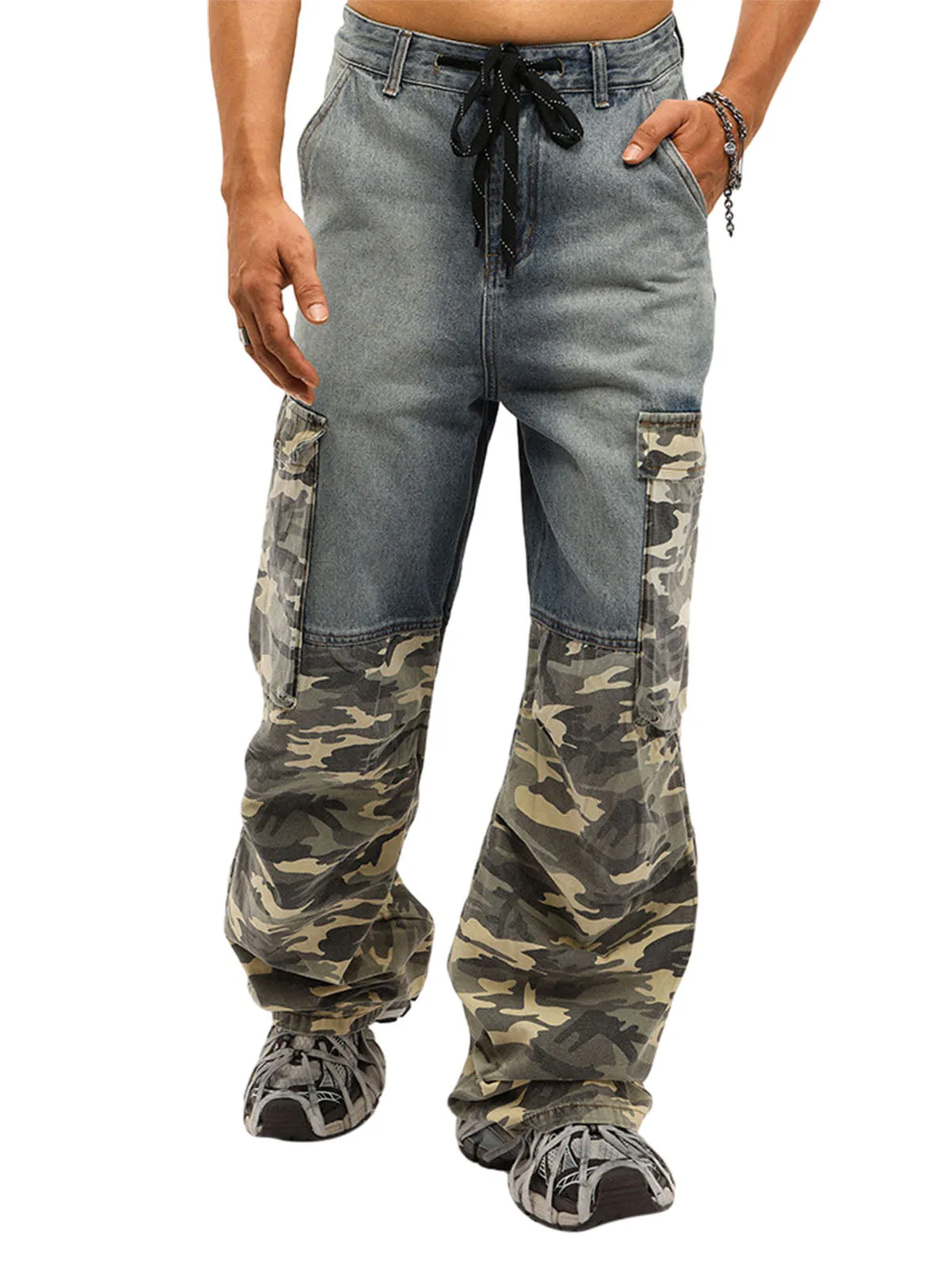 Thesupermade Drawstring Washed Camouflage Cargo Jeans