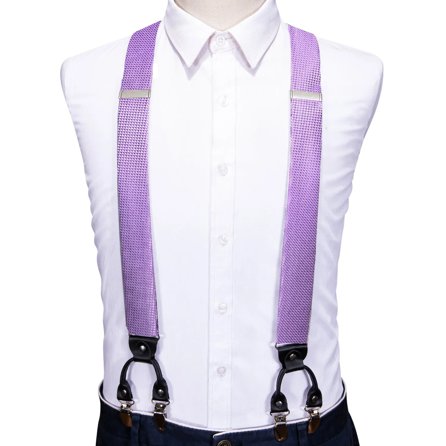 Ties2you Mens Suspender Light Purple Plaid Y Back Brace Clip-On Suspender With Bow Tie Set