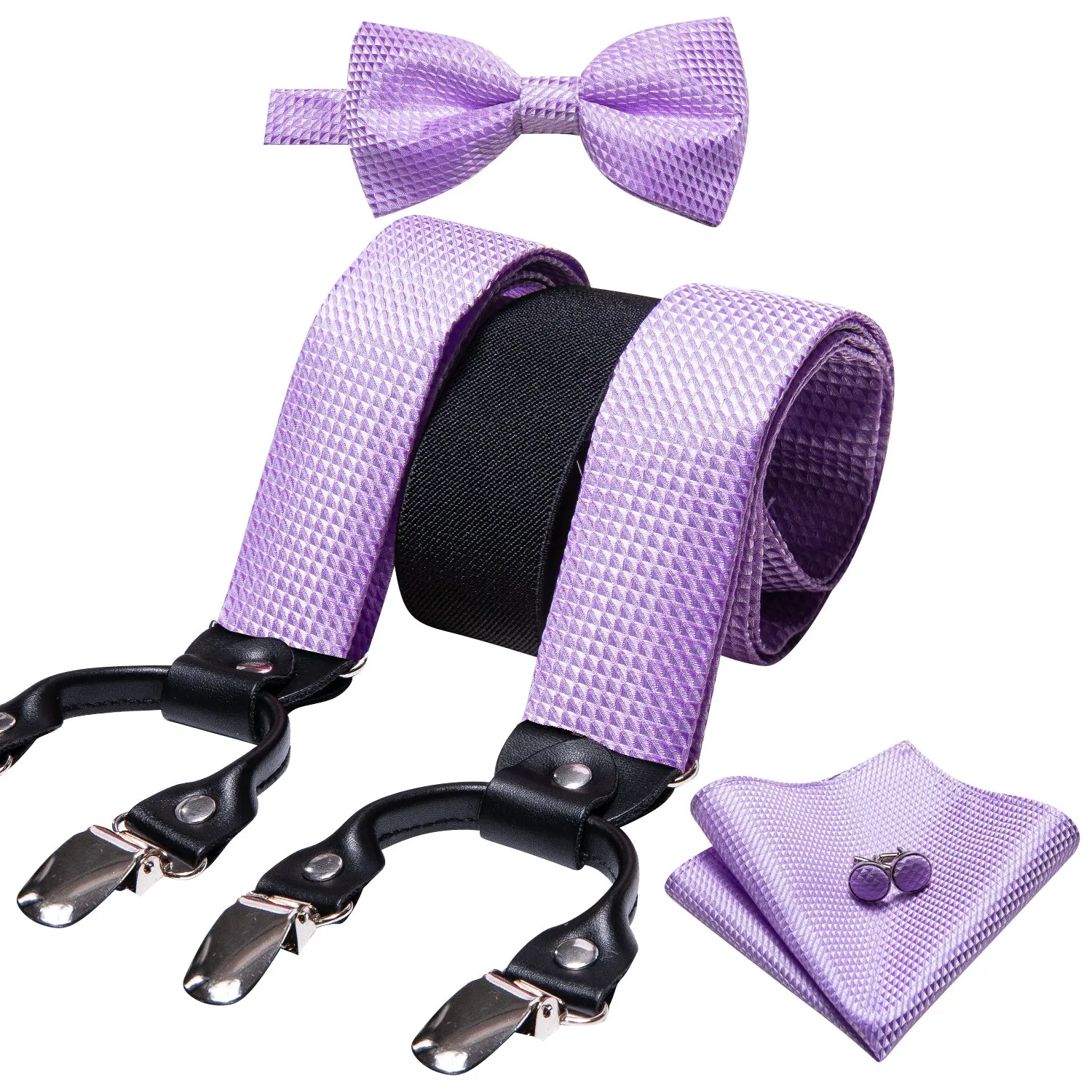 Ties2you Mens Suspender Light Purple Plaid Y Back Brace Clip-On Suspender With Bow Tie Set