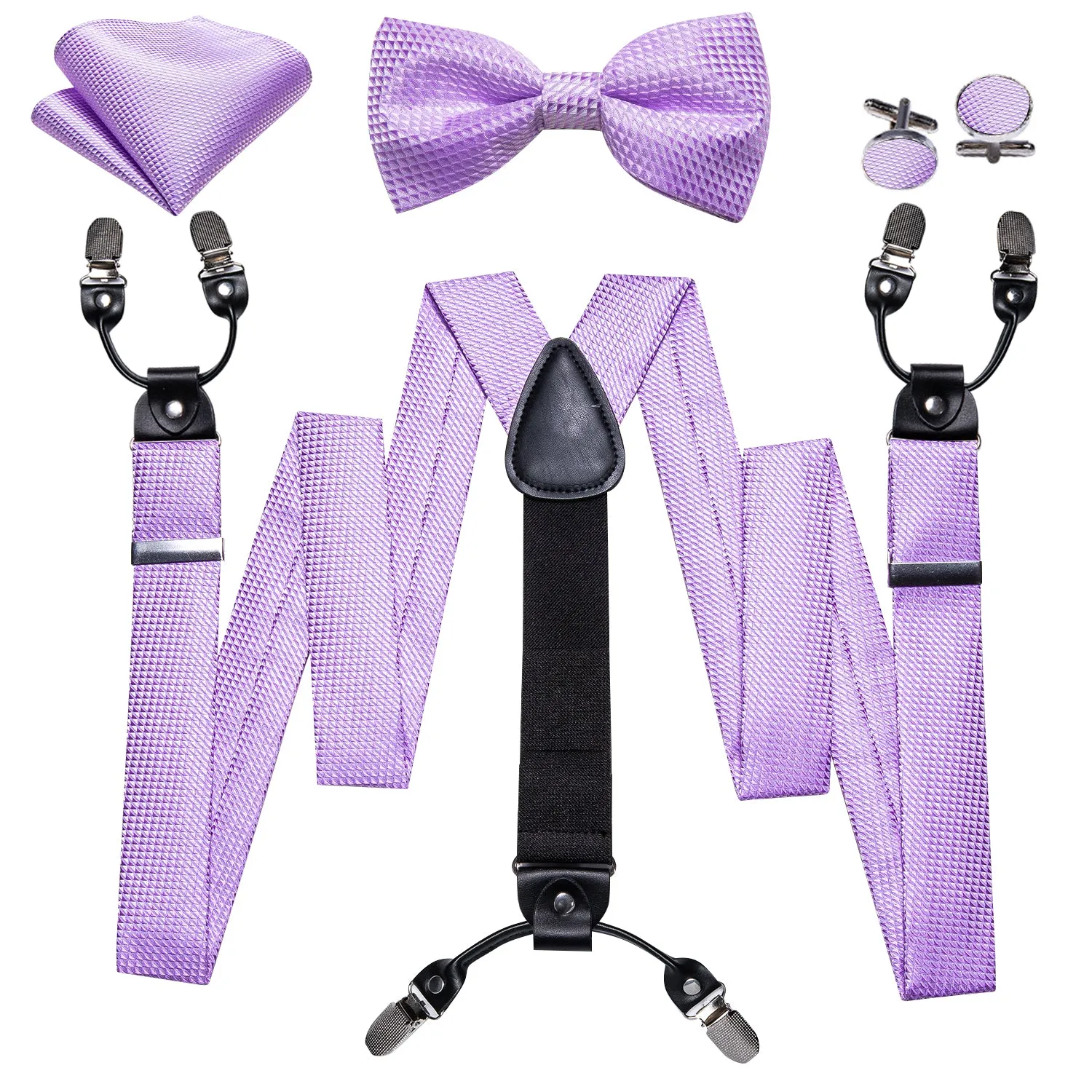 Ties2you Mens Suspender Light Purple Plaid Y Back Brace Clip-On Suspender With Bow Tie Set