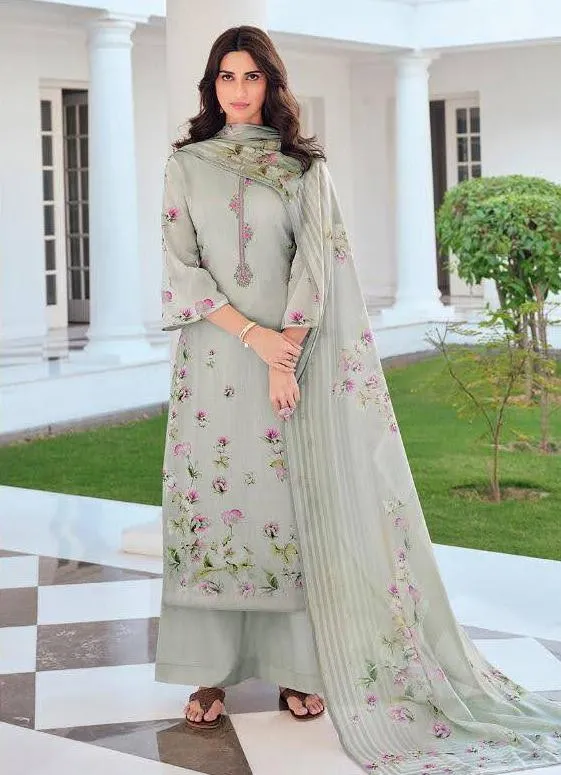 Unstitched Printed Embroidery Grey salwar suit Dress Material