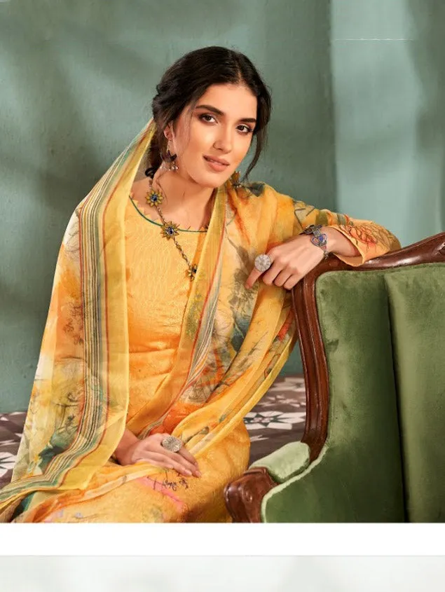 Unstitched Printed Yellow Ladies cotton Suits With Chiffon dupatta