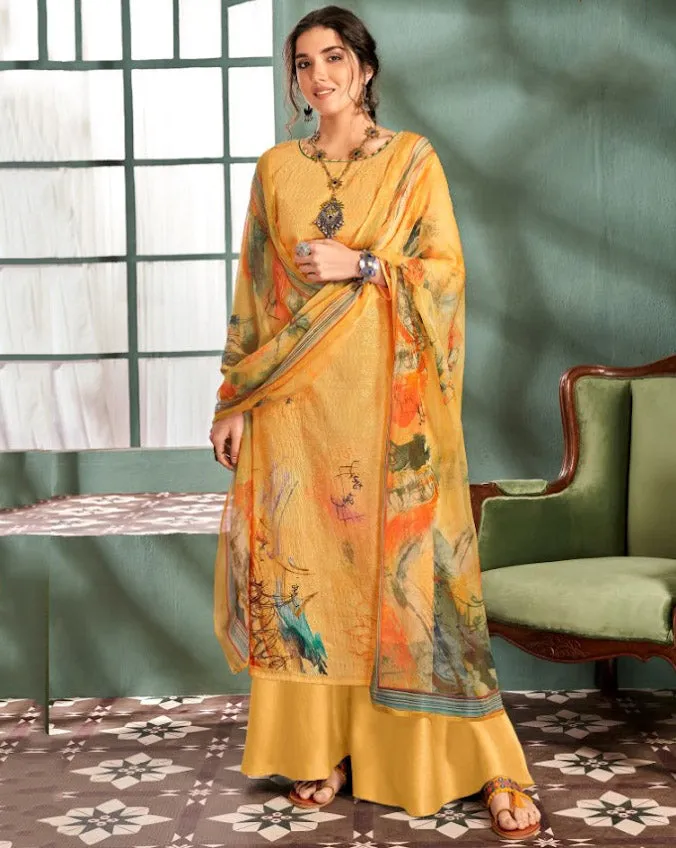 Unstitched Printed Yellow Ladies cotton Suits With Chiffon dupatta