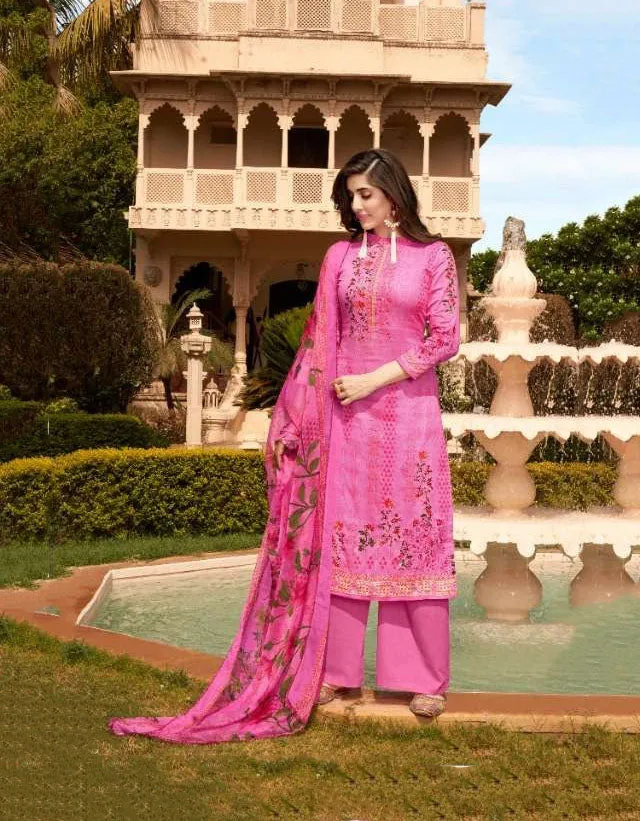 Unstitched Punjabi Ladies cotton Salwar Suit Fabric With Pink Dupatta