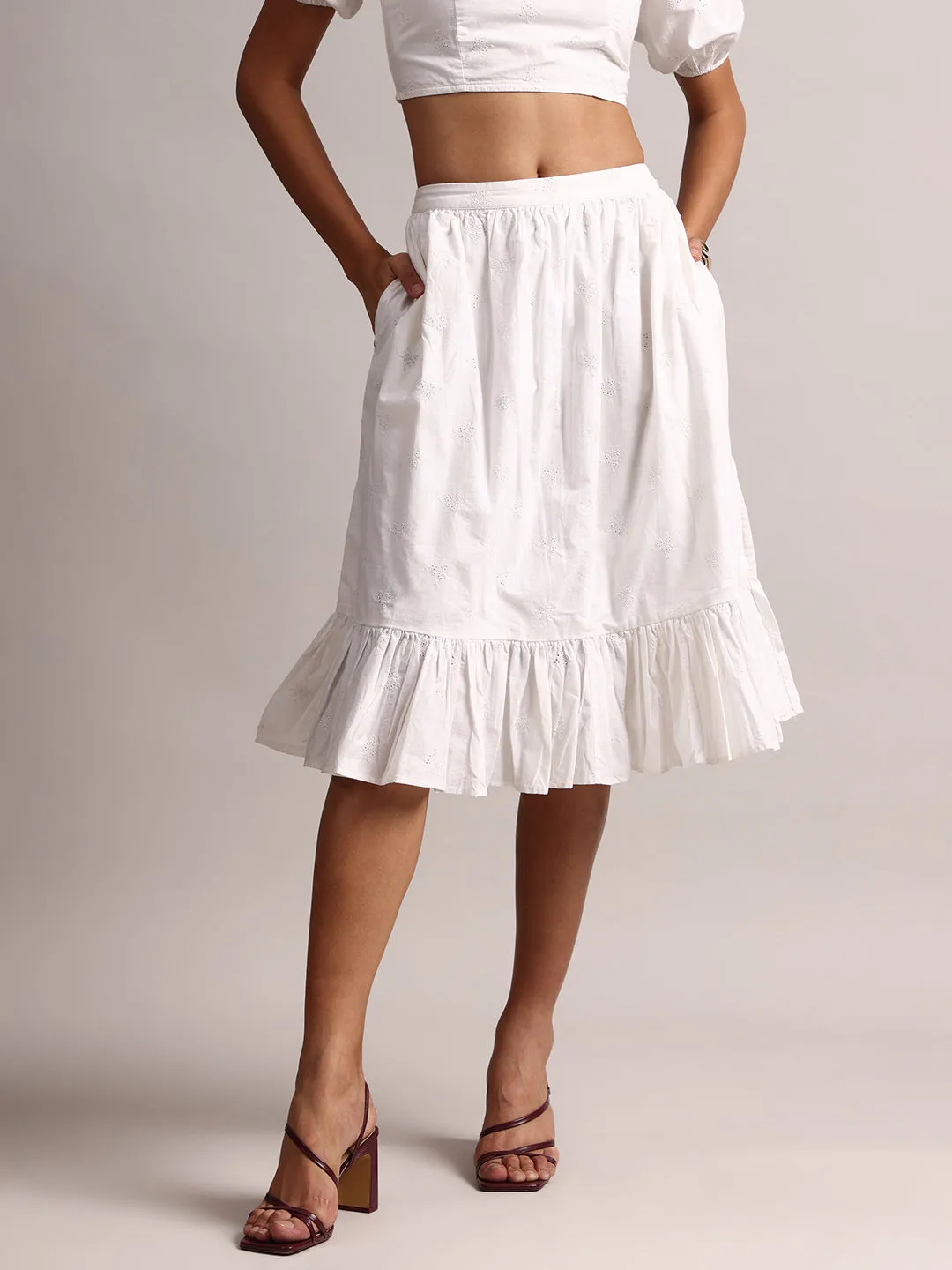 White Cotton Schiffli Fit & Flare Skirt Top Set