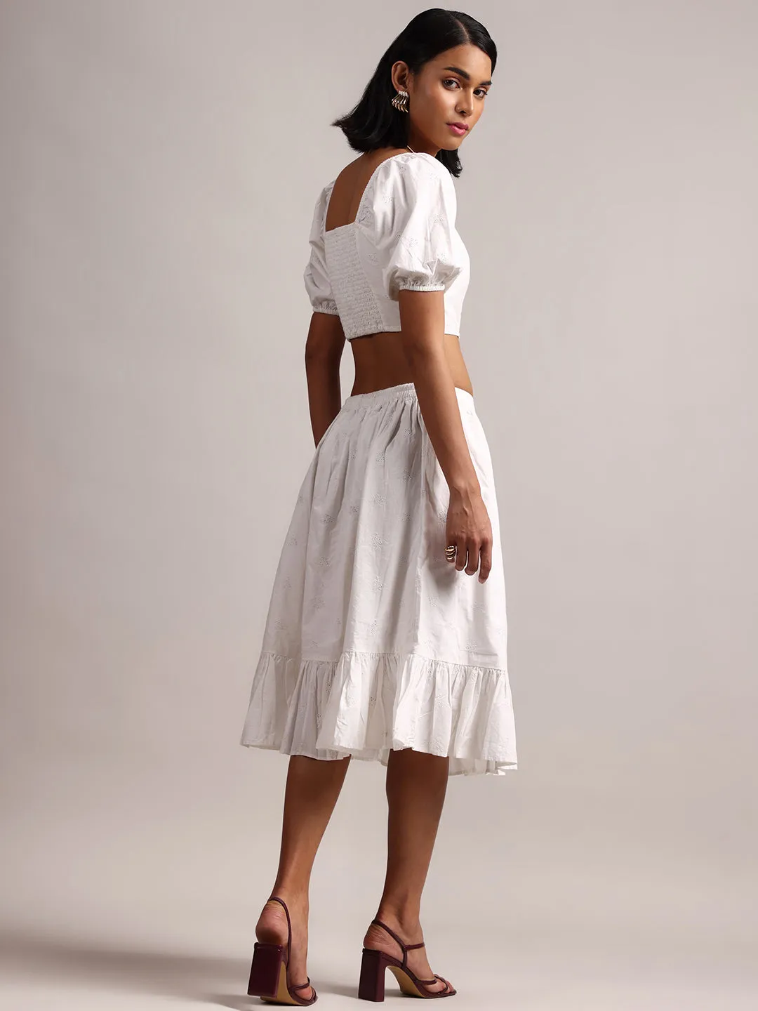 White Cotton Schiffli Fit & Flare Skirt Top Set