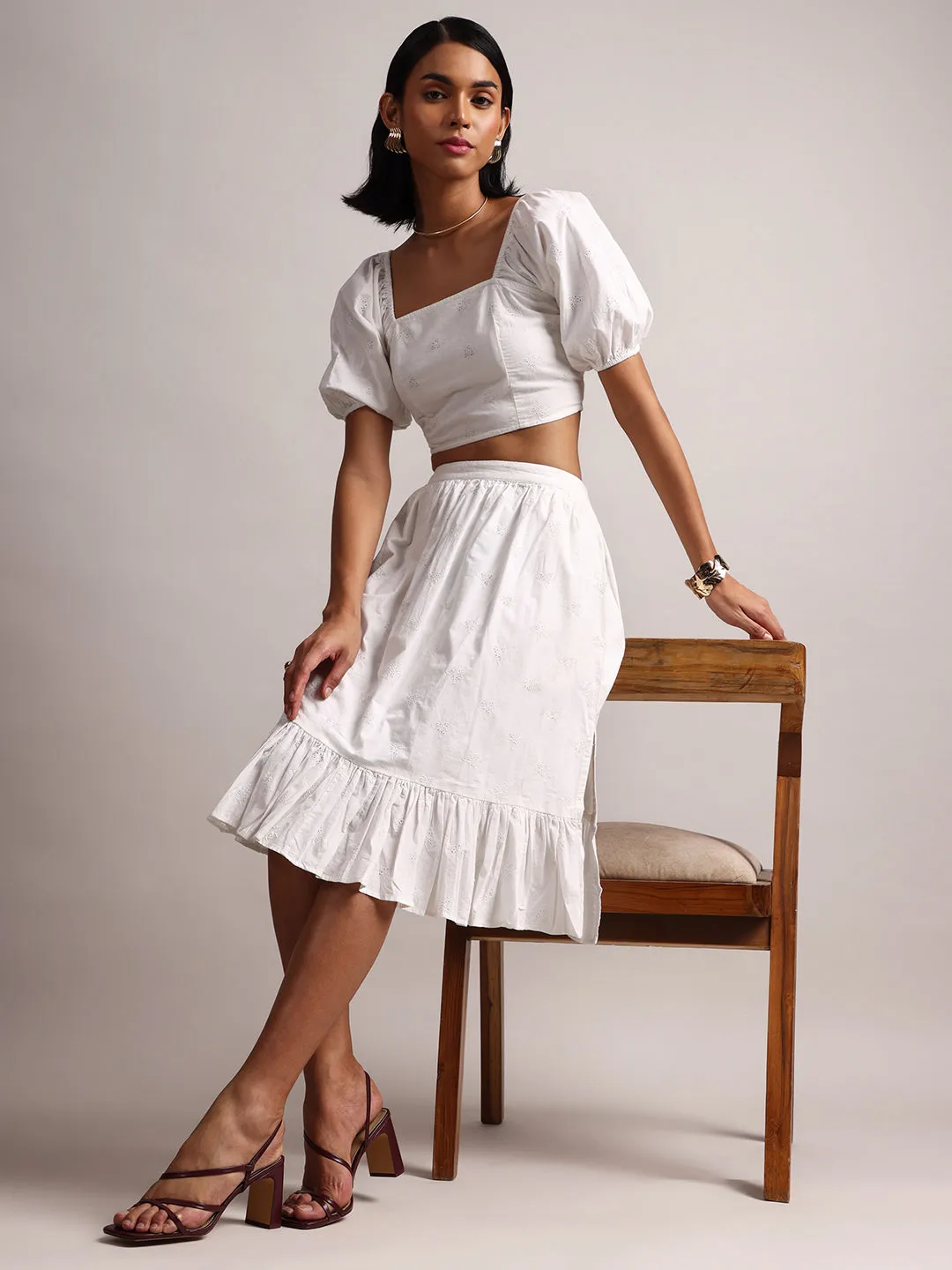 White Cotton Schiffli Fit & Flare Skirt Top Set