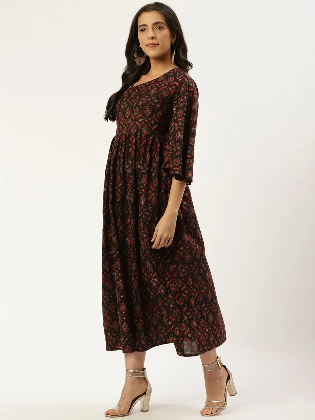 Women Black Ethnic Motifs Printed One Shoulder Cotton A-Line Dress