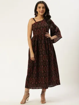 Women Black Ethnic Motifs Printed One Shoulder Cotton A-Line Dress