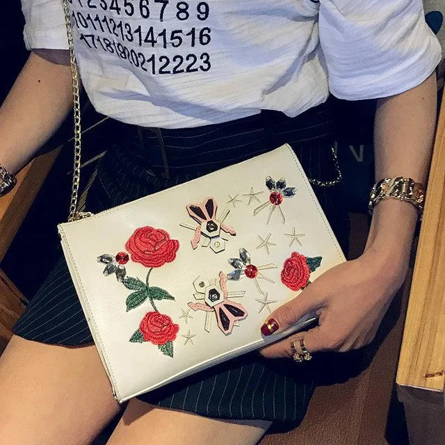 Women Envelope Bag Pu leather Handbag Fashion Flower Embroidered shoulder bags Ladies Crossbody Messenger Bag Day Clutch Purses