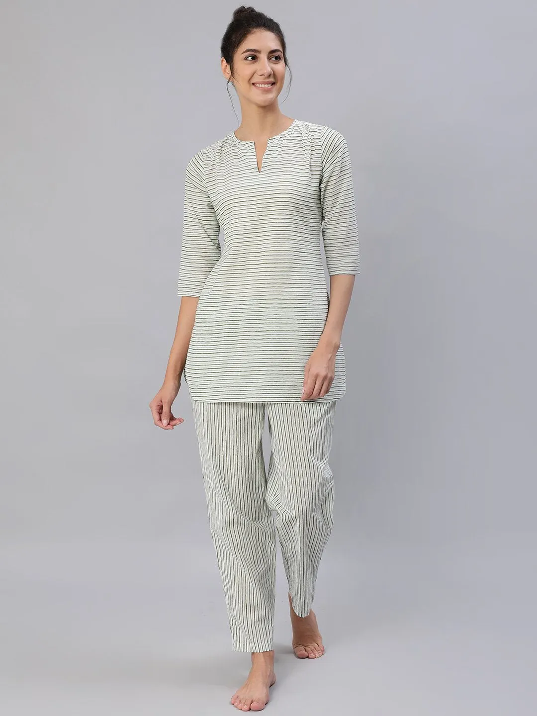 Women Green & Off-White Striped Night Suit Set