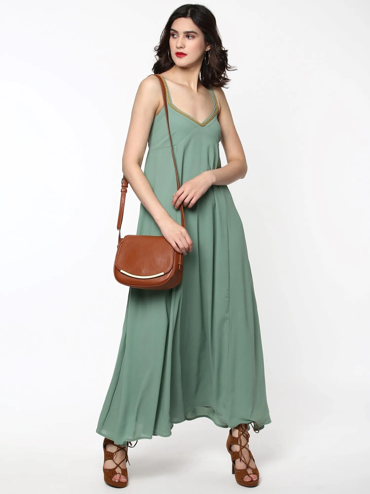 Women Green Shoulder Strap Maxi