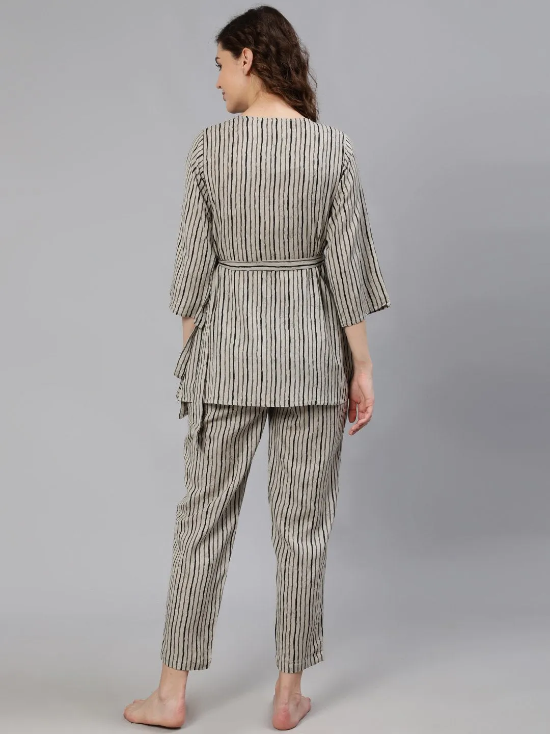 Women Grey Striped Wrap Round Night Suit