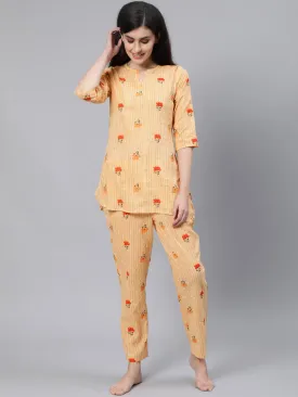 Women Light Yellow Printed Night Suit