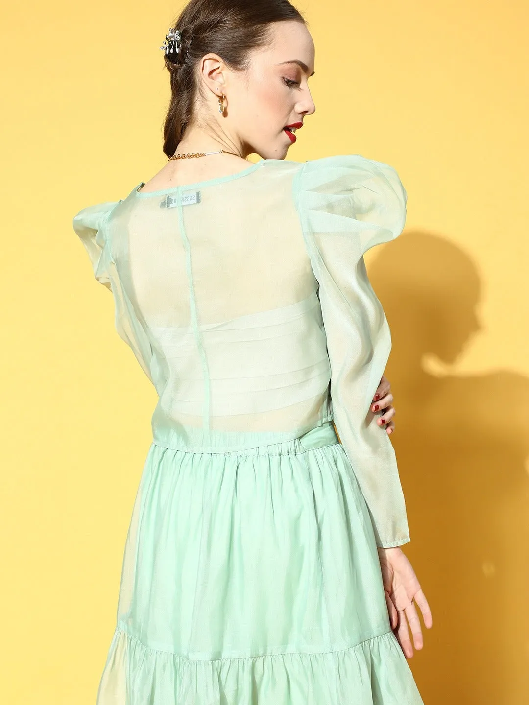 Women Sea Green Organza Power Shoulder Sheer Crop Top