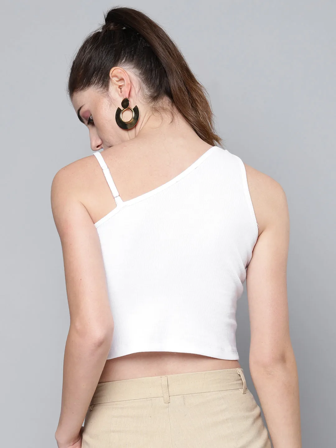 Women White One Shoulder Ring Detail Strappy Rib Top