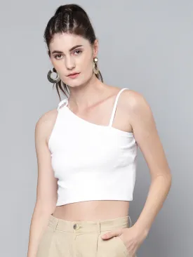 Women White One Shoulder Ring Detail Strappy Rib Top