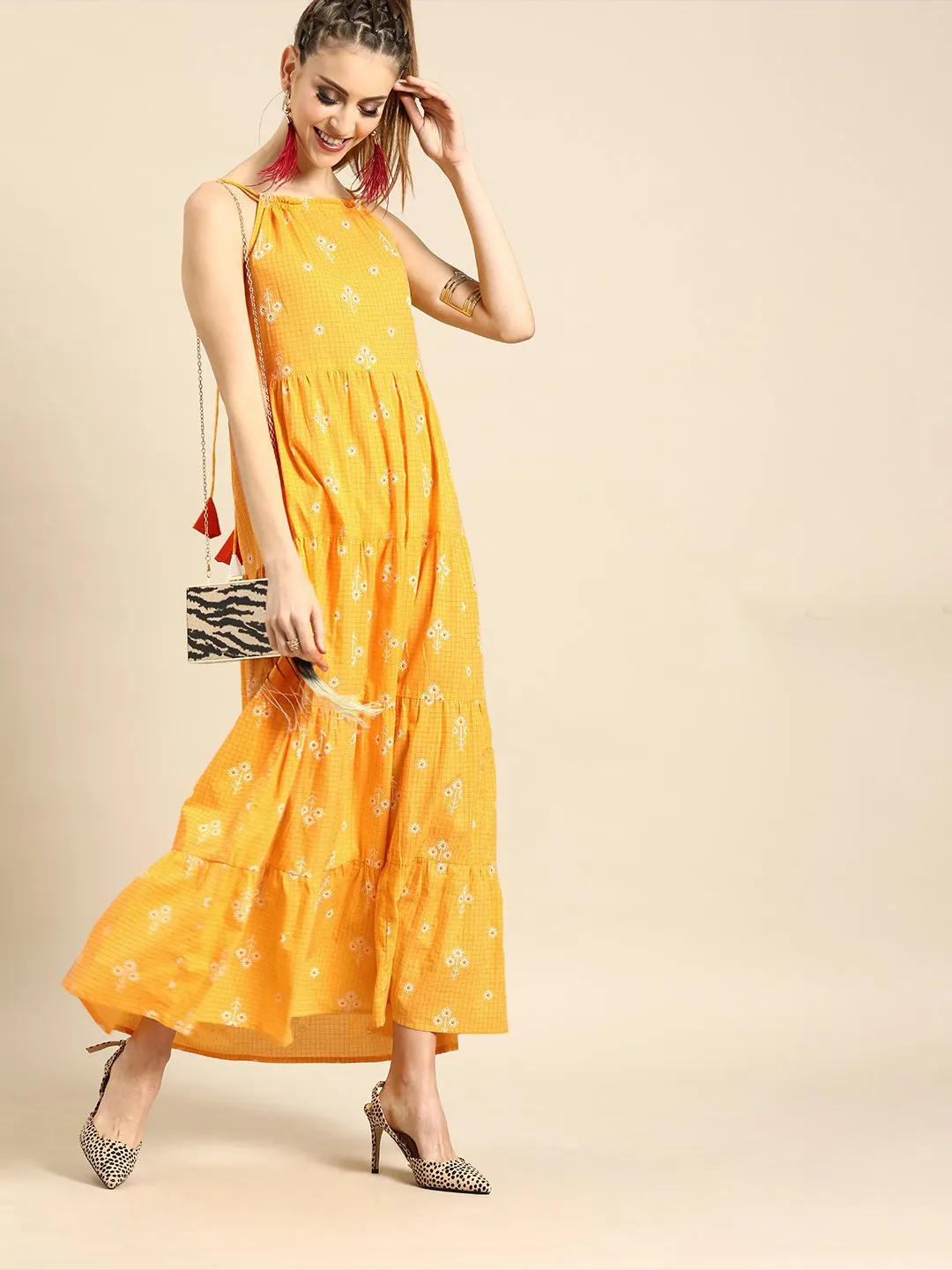 Women Yellow Floral Printed Shoulder Straps Fit And Flare Dress